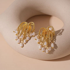 Fireworks imitation pearl short tassel silver needle earrings