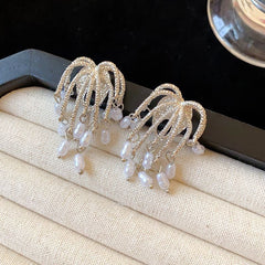 Fireworks imitation pearl short tassel silver needle earrings