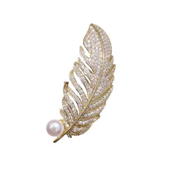 Crystal Feather Pearl Brooch