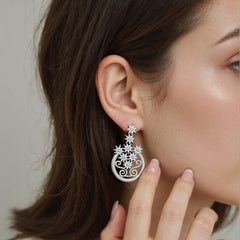 Round Floral Silver Drop Earrings