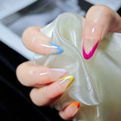 Nails Salon Acrylic Handmade, Press On Nails, 'VIBRANT FRENCH', Manicure, Extra long Length, Almond Shape, Gel Glue Included