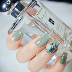 Nails Salon Acrylic Handmade, Press On Nails, 'GREEN MIRROR', Manicure, Medium Length, Square/Coffin Shape, Gel Glue Included