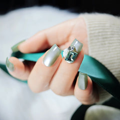 Nails Salon Acrylic Handmade, Press On Nails, 'GREEN MIRROR', Manicure, Medium Length, Square/Coffin Shape, Gel Glue Included