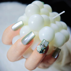 Nails Salon Acrylic Handmade, Press On Nails, 'GREEN MIRROR', Manicure, Medium Length, Square/Coffin Shape, Gel Glue Included