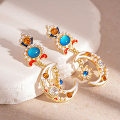 Imittion Pearl Moon Star Silver Needle Earrings