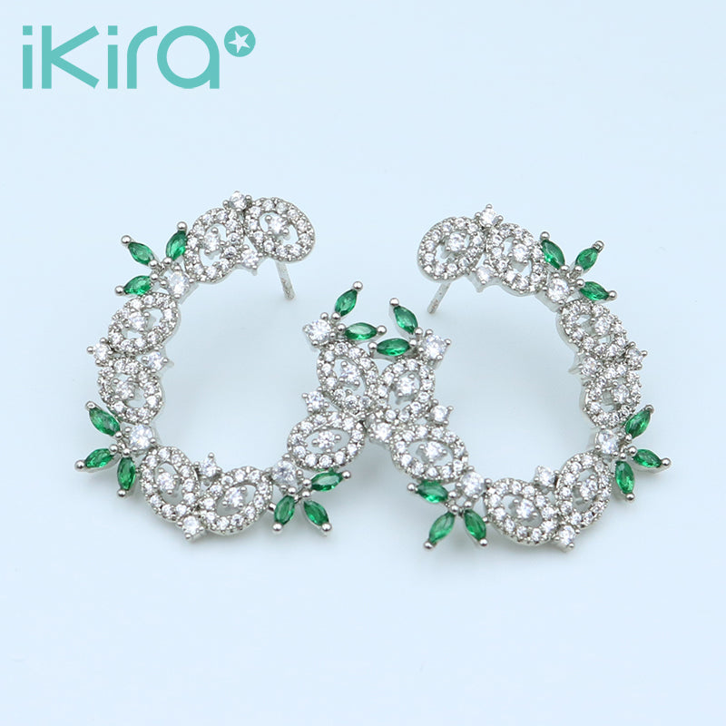 ikira_jewelry_earrings_c_shaped_garland_with_green_diamonds_stud_earrings_green_1