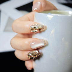 Nails Salon Acrylic Handmade, Press On Nails, 'FRENCH DIAMOND', Manicure, Medium Length, Coffin Shape, Gel Glue Included